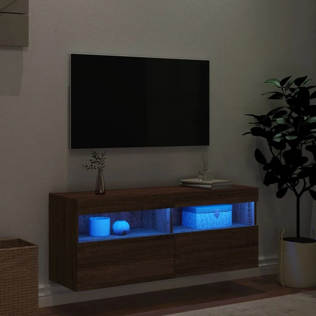 Mobile tv a parete con luci led rovere marrone 100x30x40 cm