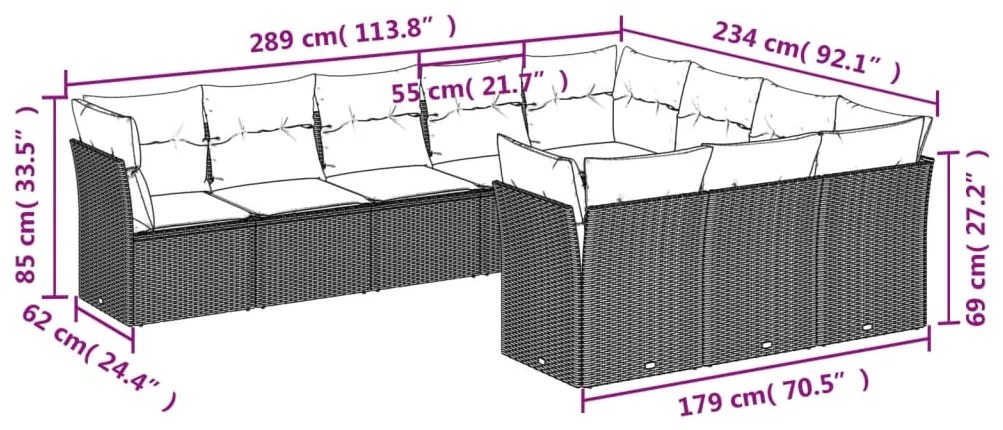 Set divani da giardino 10pz con cuscini in polyrattan marrone