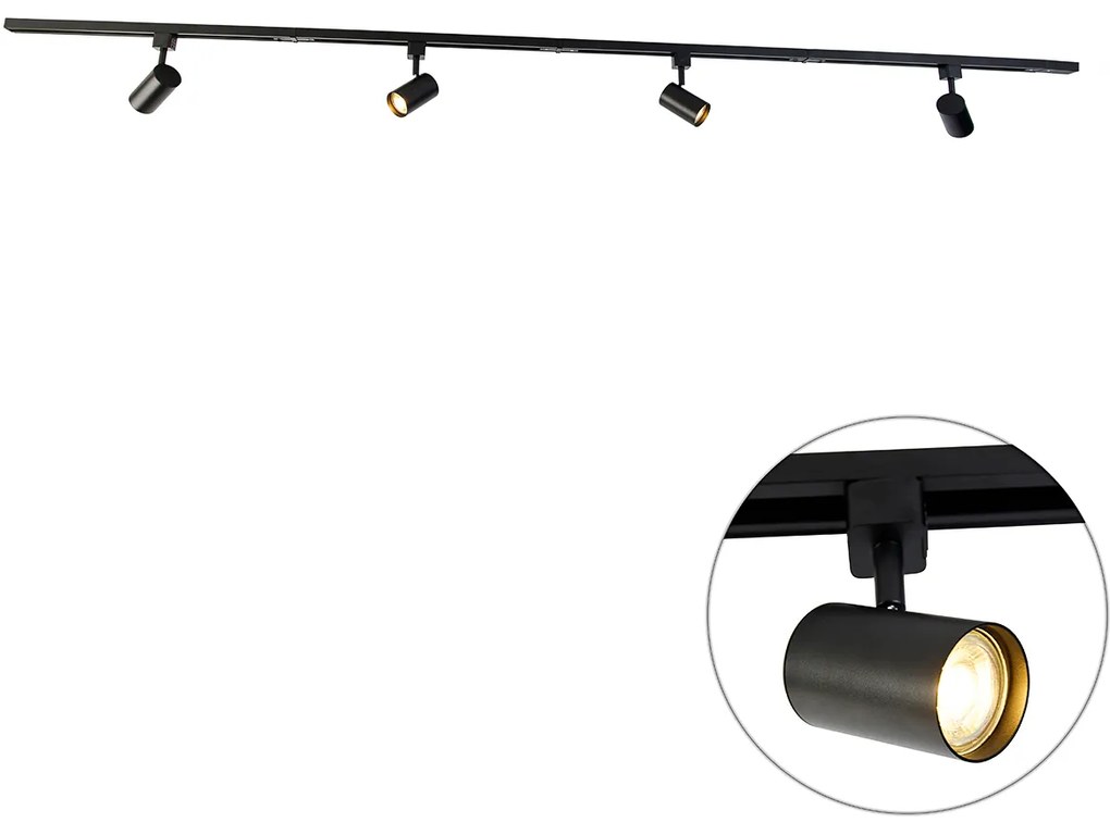 Sistema di illuminazione a binario moderno con 4 faretti nero 1 fase - Iconic Yade