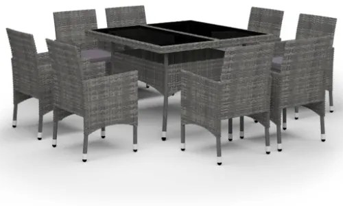 Set Mobili da Pranzo per Giardino 9pz Polyrattan e Vetro Grigio