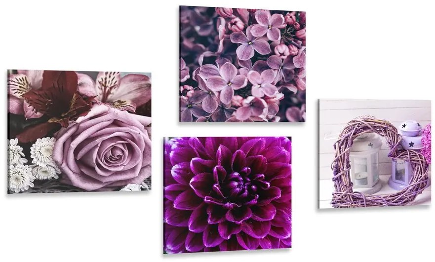 Set di quadri – Fiori viola con cuoricino