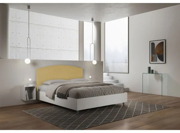 Letto matrimoniale e rete 160x200 in legno bianco e testata in microfibra ocra Antilia