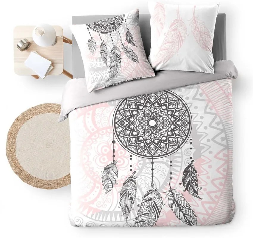 Biancheria da letto in cotone bianco e rosa per letto matrimoniale 200x200 cm Namaste - douceur d'intérieur