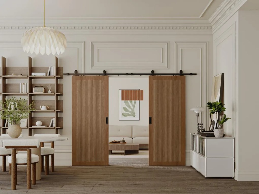 Porta scorrevole doppia con sistema esterno muro 2 x H205 x L93 cm in MDF e Legno Naturale scuro  - SANDORA