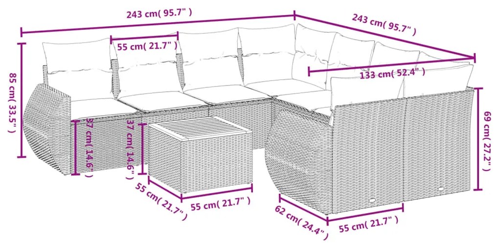 Set Divano da Giardino 9 pz con Cuscini Grigio in Polyrattan