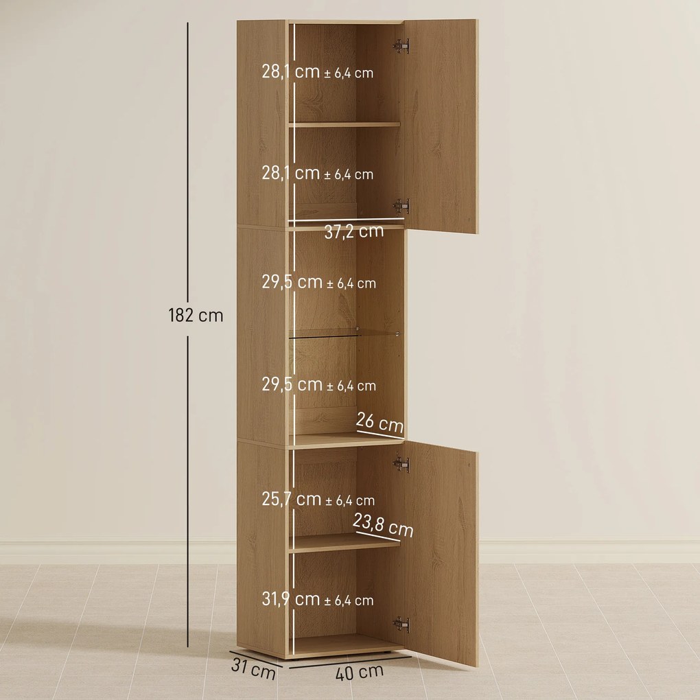 Mobile da Bagno a Colonna Slim 40x31x182H cm 6 Ripiani 2 Ante e Ripiano in Vetro Temperato in MDF Rovere...