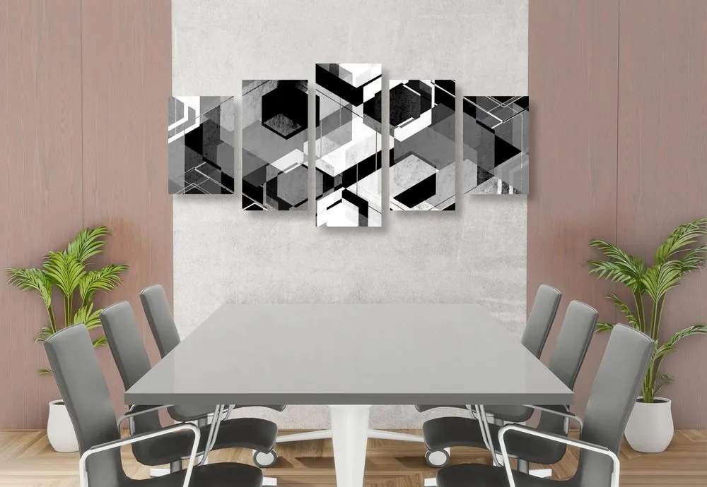 Quadri 5 pezzi – Geometria astratta in bianco e nero