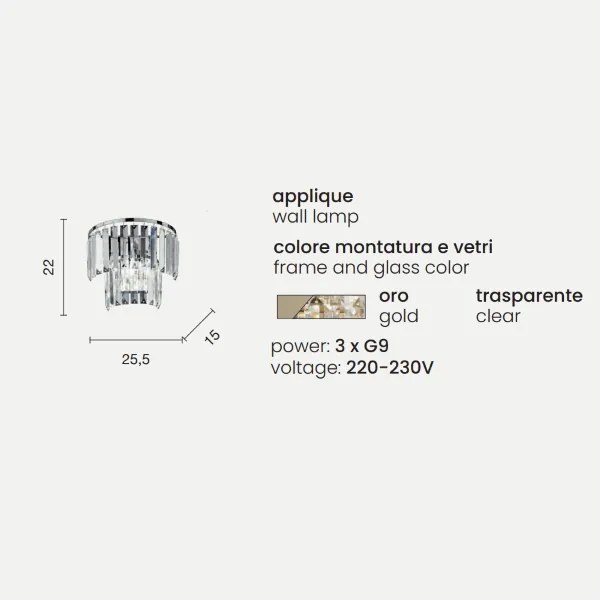 Lampada applique in cristallo 25x15 cm 1 luce G9 - CASTLE Oro