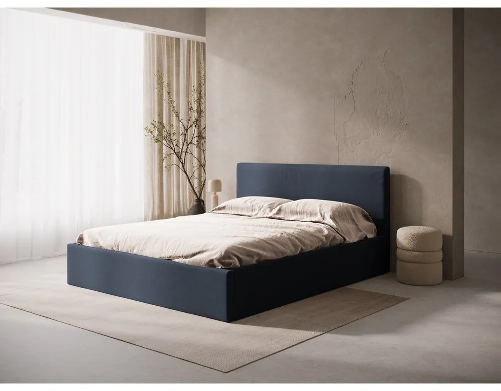 Letto matrimoniale imbottito blu scuro con contenitore/senza testiera con rete inclusa 140x200 cm Susan – Micadoni