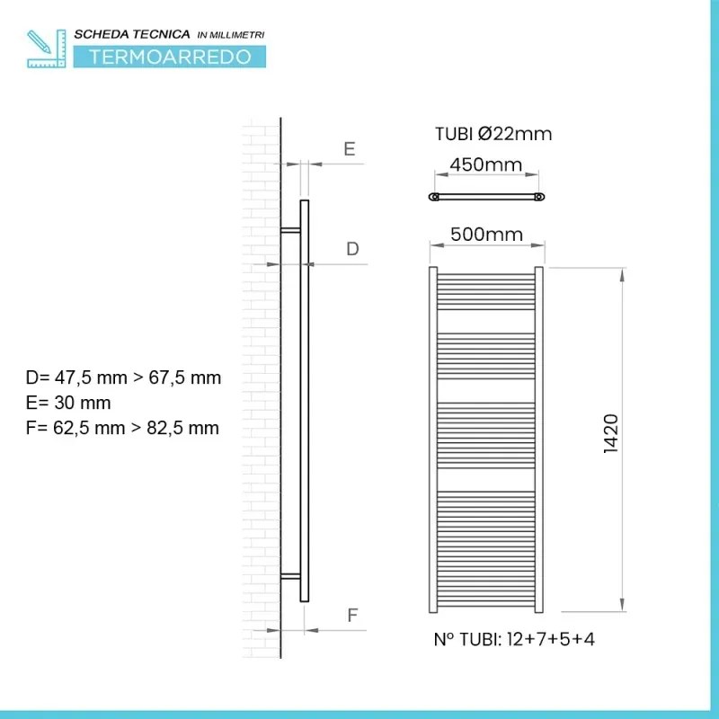 Termoarredo scaldasalviette 500x1420 bianco con interasse 45 cm Sanremo