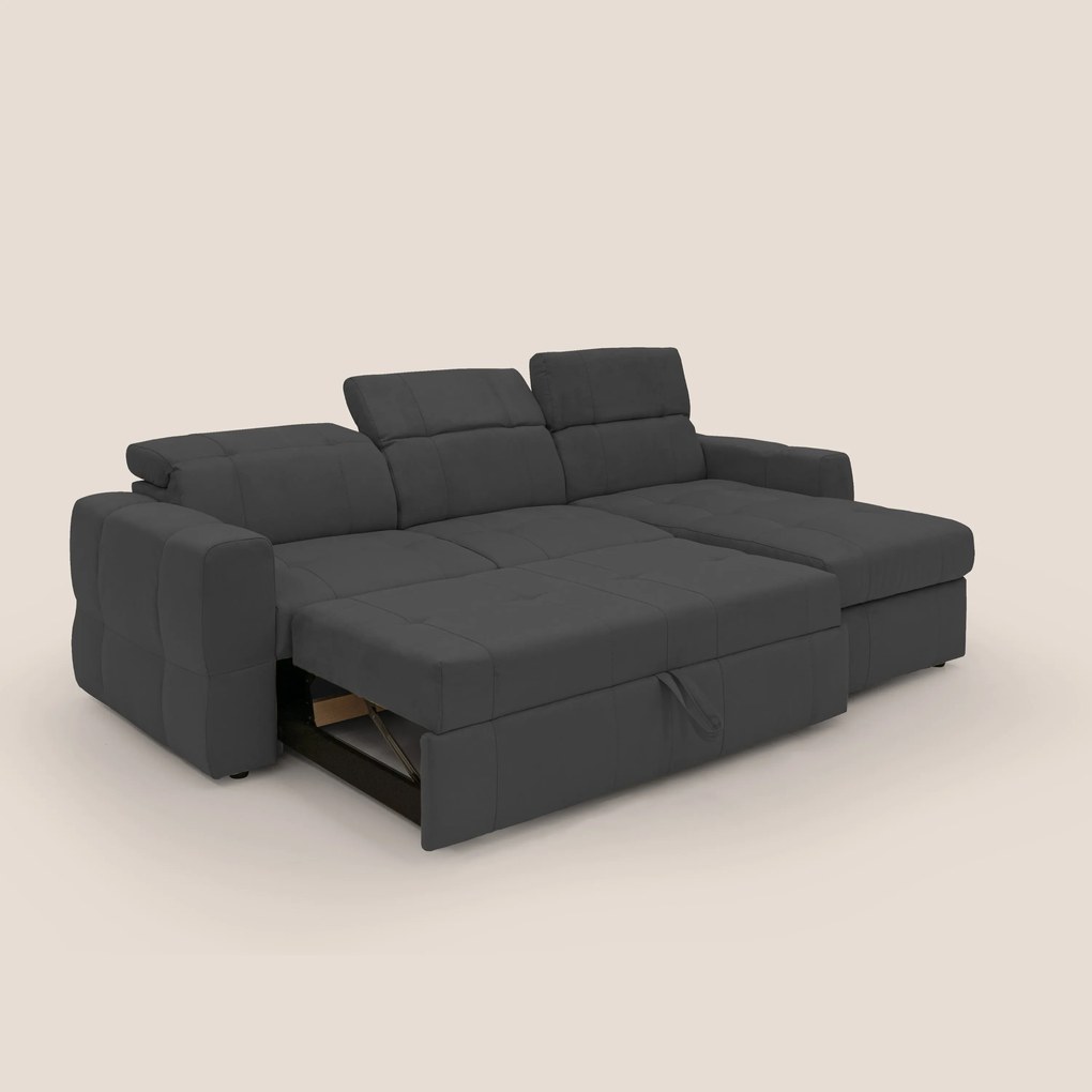 Kronos Divano angolare con pouf estraibile e penisola contenitore in microfibra impermeabile T11 nero