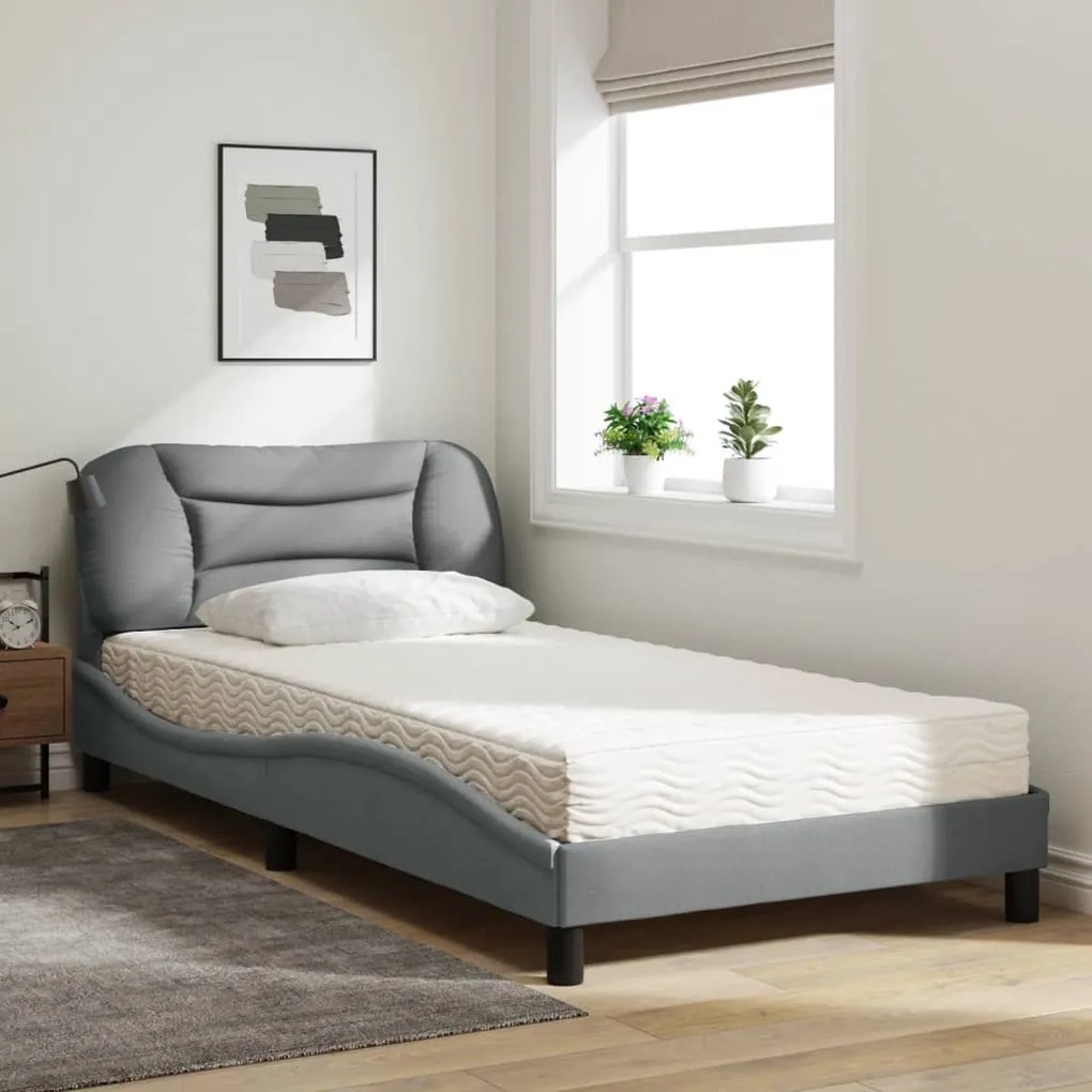 Letto con materasso grigio chiaro 100x200 cm in tessuto