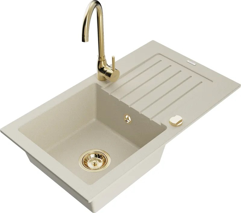 Mexen Pablo lavello in granito a 1 vasca con scolapiatti e rubinetto da cucina Telma, beige - 6510-69-670200-50