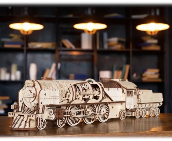 Ugears - 3D puzzle meccanico in legno V-Express locomotiva a vapore con carrello