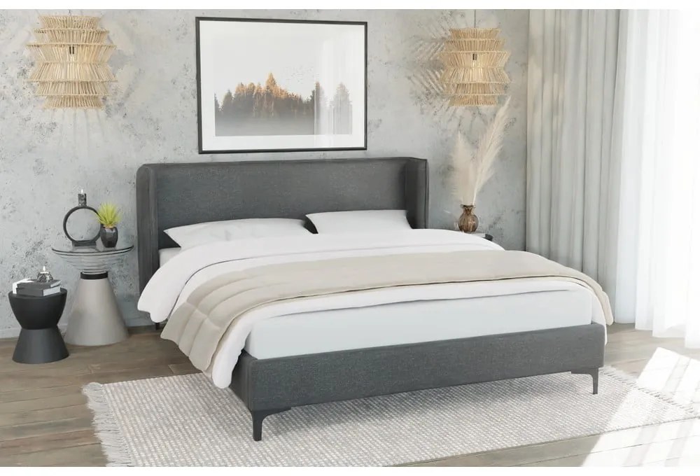 Letto matrimoniale imbottito grigio scuro con griglia 140x200 cm Basti - Ropez