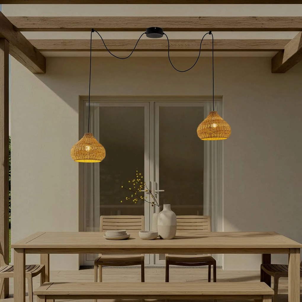 Lucande lampada a sospensione da esterno Taniola, 2 luci, beige, rattan, IP44 Taniola Lucande, dimmerabile, Legno chiaro, Legno, Campagna / Rustiche