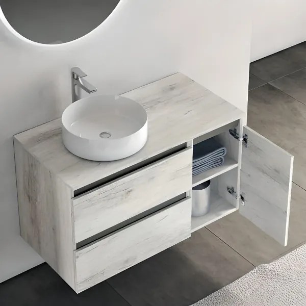 Mobile bagno sospeso 90 cm base doppio cassettone e lavabo CUBE2 Quercia Bianco