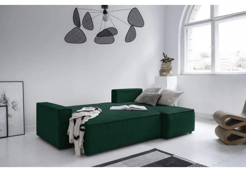 Divano letto angolare in velluto a coste verde scuro Brave Dave - Miuform