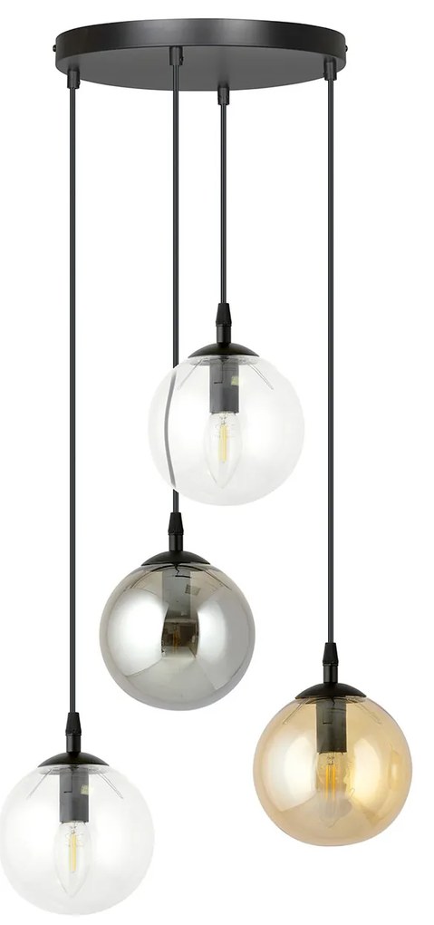 Sospensione 4 Luci Kali In Acciaio Nero Base Tonda E Sfere In Vetro Multicolor