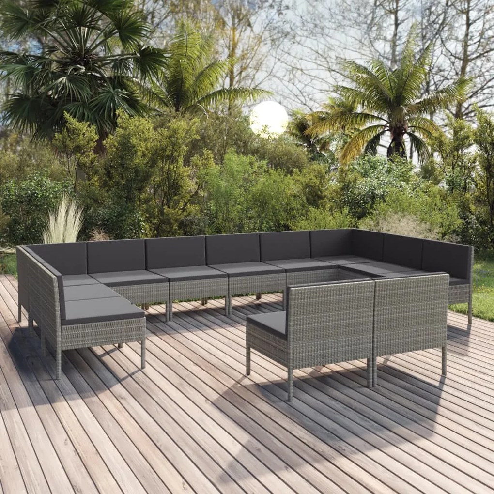 Set Divani da Giardino 12 pz con Cuscini in Polyrattan Grigio