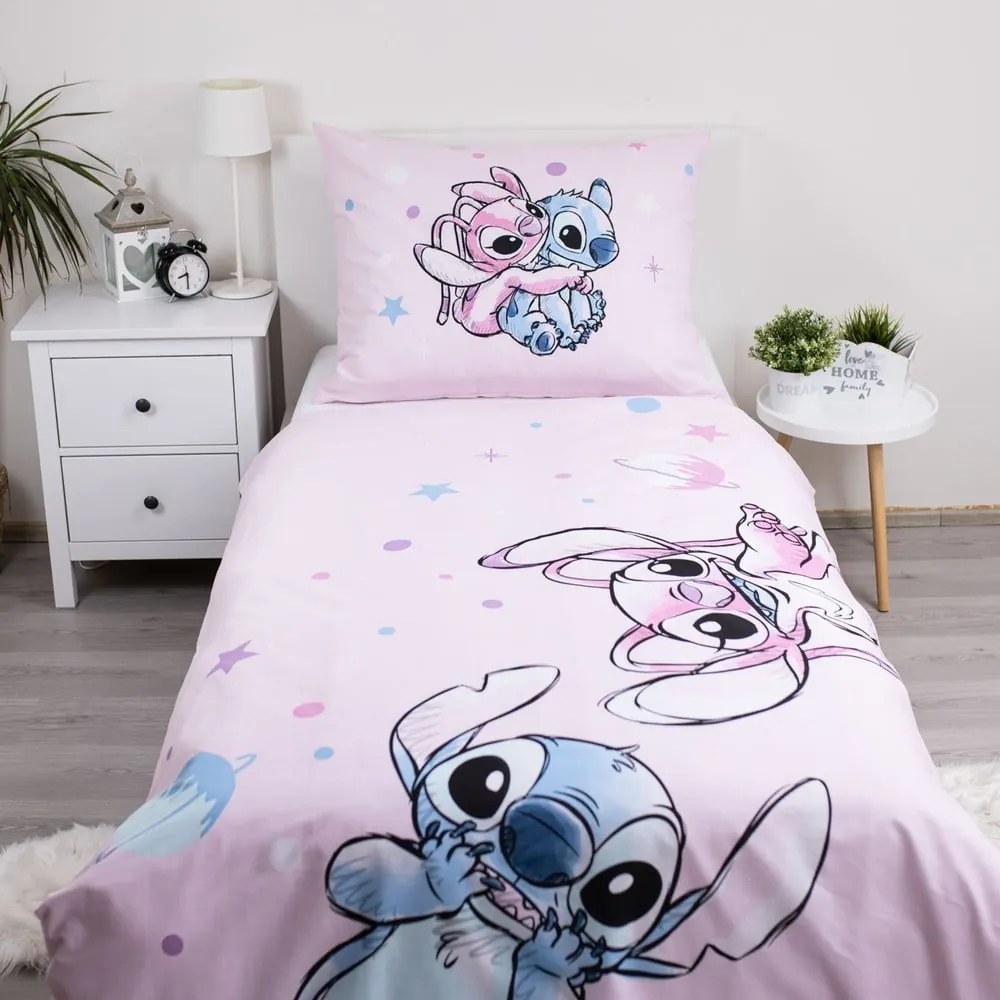 Set copripiumino e federa da bambini rosa in cotone per letto singolo 140x200 cm Lilo a Stitch "Universe" – Jerry Fabrics