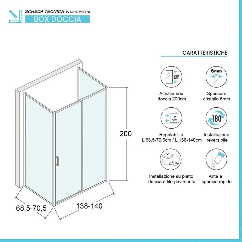 Box doccia 70x140x70 cm con porta scorrevole trasparente H 200 cm Ted