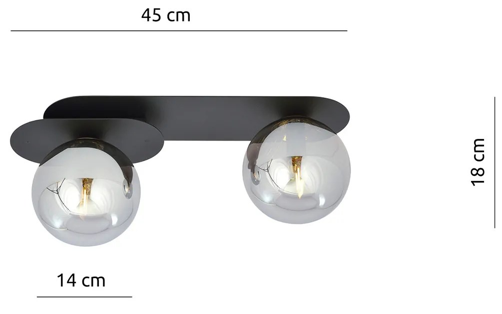 Plafoniera Minimal 2 Luci Teia In Acciaio Nero E Sfere Vetro Fumè