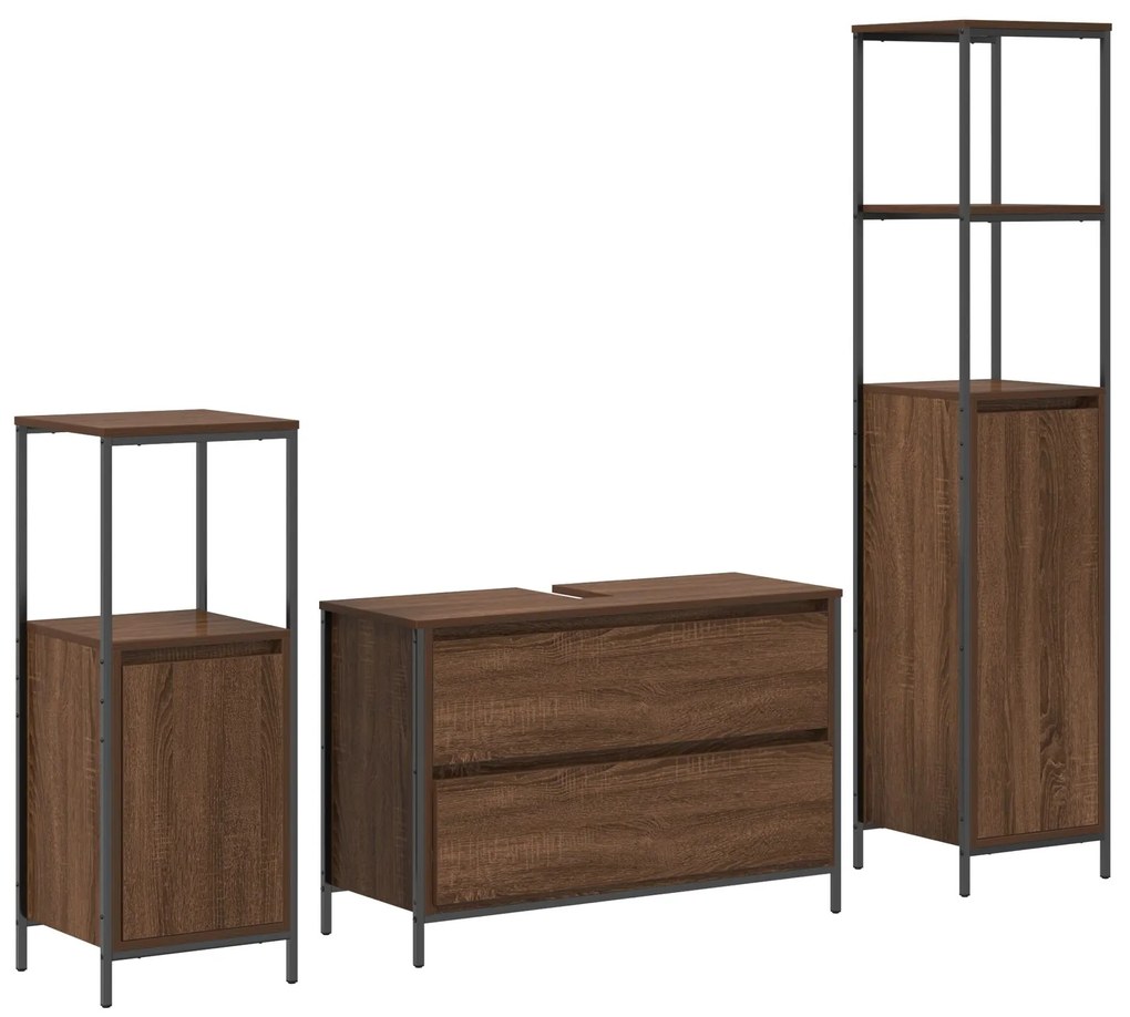 Set di mobili per bagno in 3 pezzi in legno ingegnerizzato marrone
