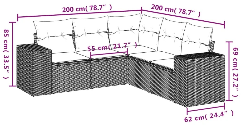 Set divani da giardino 5 pz con cuscini in polyrattan nero