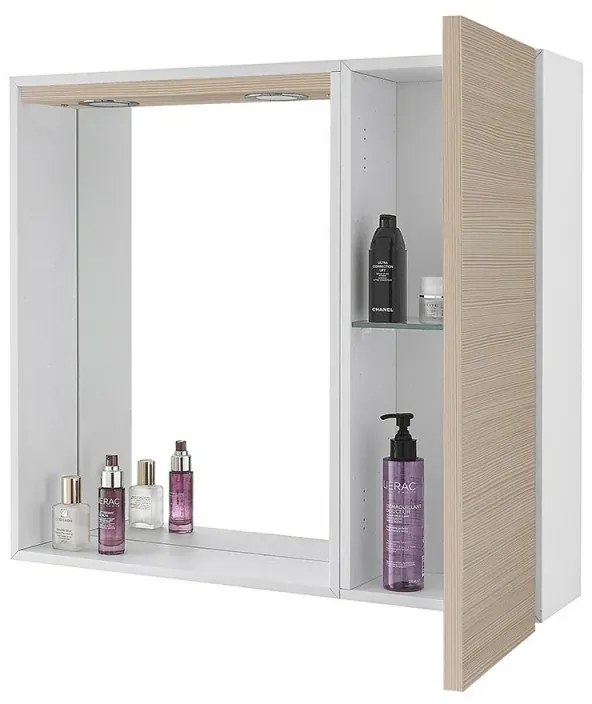 Specchio contenitore 68x61 cm larice con anta a destra e faretti LED Desya