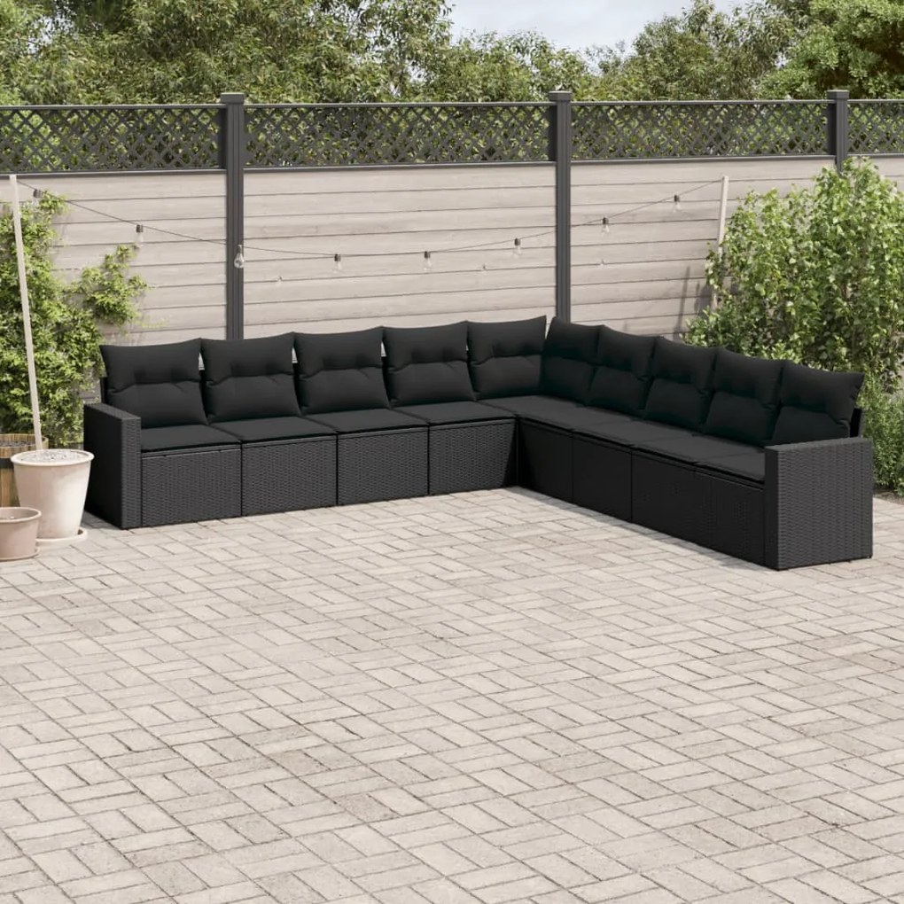 Set divani da giardino 9 pz con cuscini nero in polyrattan