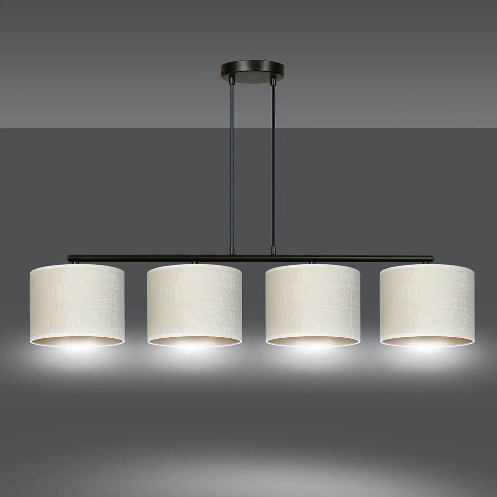 Lampadario 4 Luci Ganesha In Acciaio Nero E Paralumi In Tessuto Beige