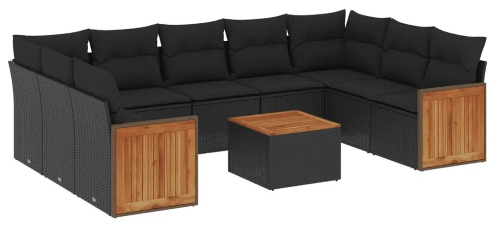 Set Divani da Giardino 10pz con Cuscini in Polyrattan Nero