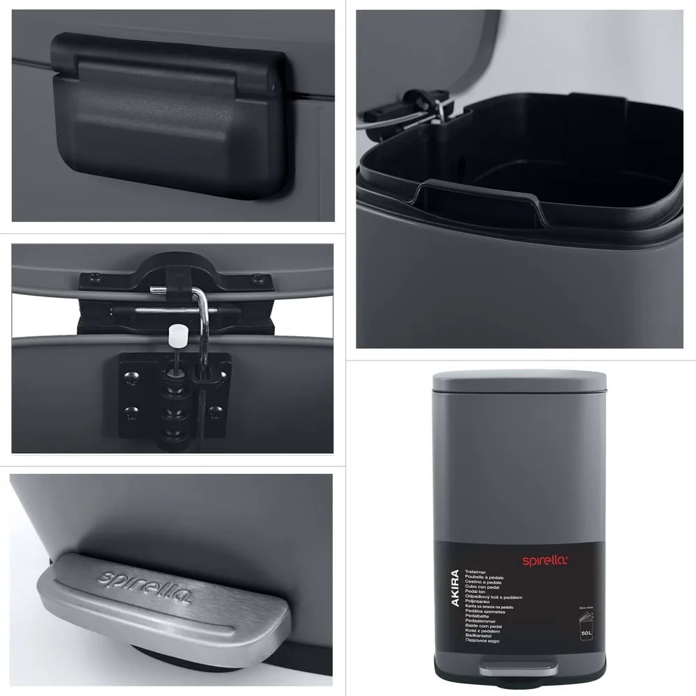 Cestino per la spazzatura grigio scuro in acciaio con pedale 50 l Akira – Spirella