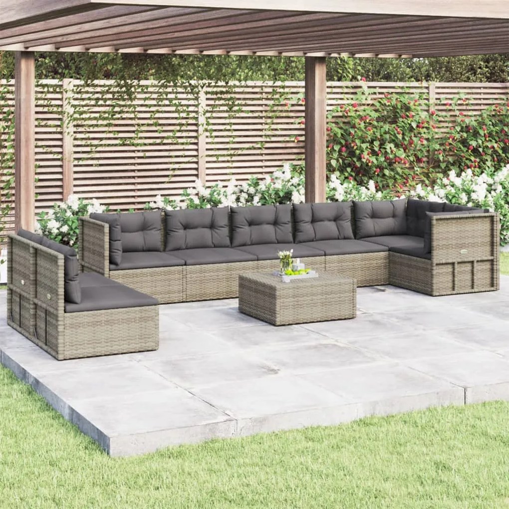 Set Divani da Giardino 8 pz con Cuscini in Polyrattan Grigio