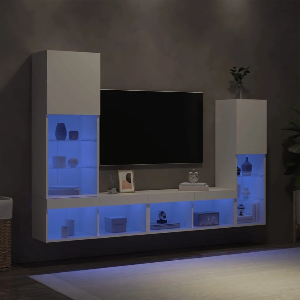 Mobili tv a muro con led 4pz bianchi in legno multistrato