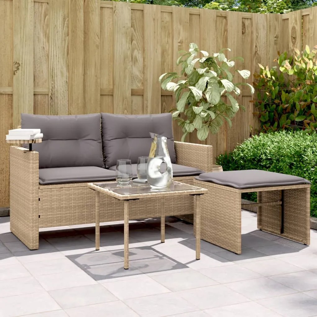 Set divano da giardino 3 pz con cuscini beige in polyrattan