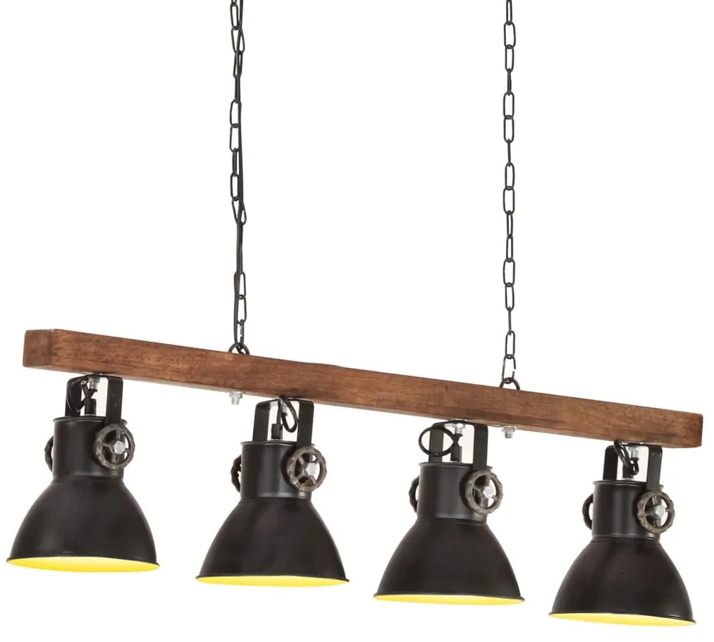 Lampada A Sospensione Industriale Nera E27 Legno Di Mango /