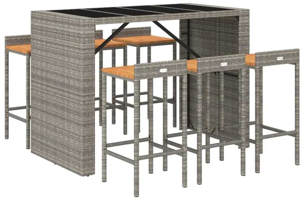 Set bar giardino 7pz grigio polyrattan e legno massello acacia