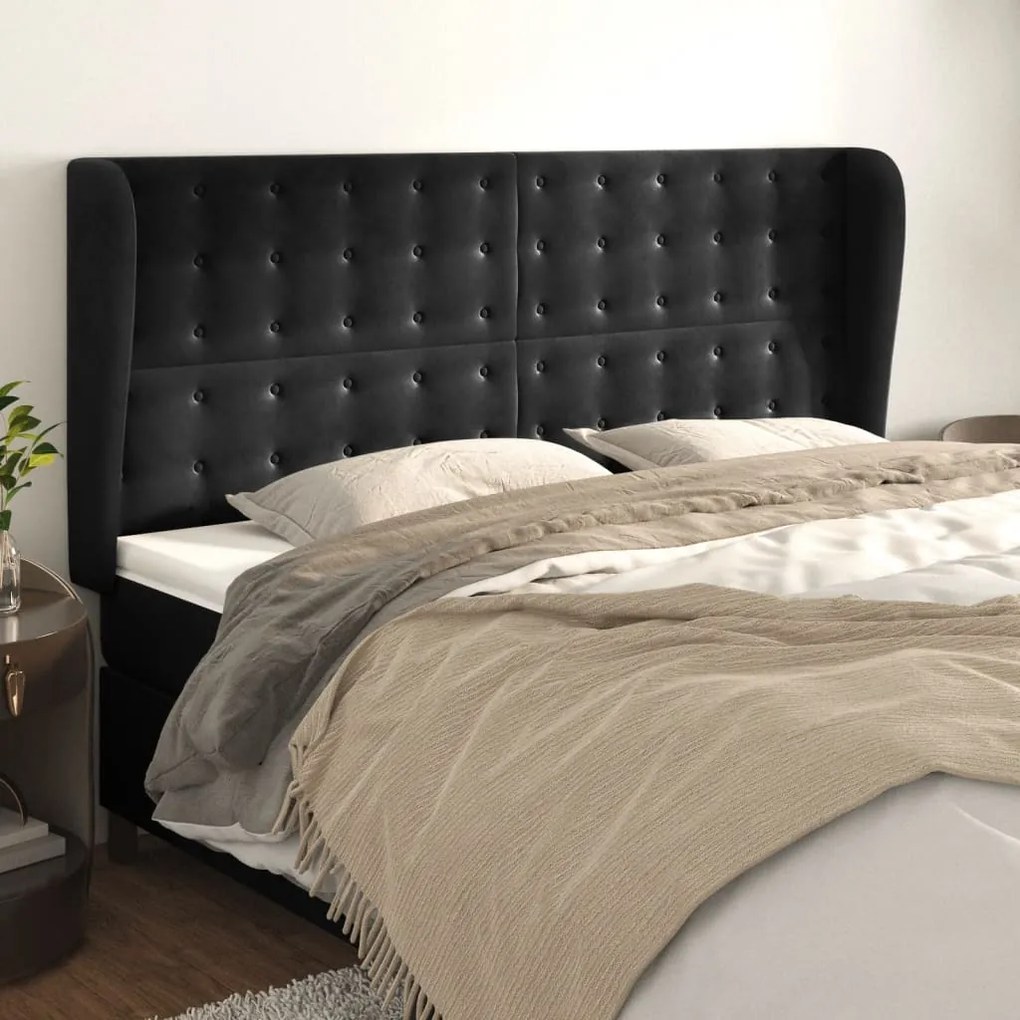 Testiera Ad Orecchio Nera 163x23x118/128 Cm İn Velluto /
