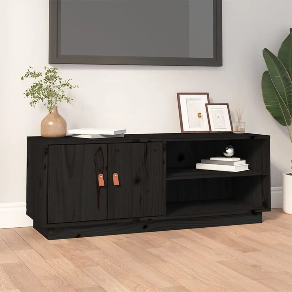 Mobile Porta Tv Nero 105x34x40 Cm İn Legno Massello Di Pino /