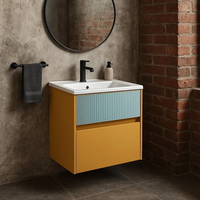 Mobile da bagno sospeso sotto lavabo Niwa 2 cassetti L 59.5 x H 50 x P 45.5 cm senape e verde cannettato