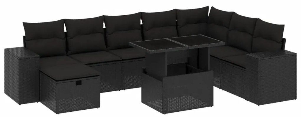 Set divani da giardino 9 pz con cuscini nero in polyrattan