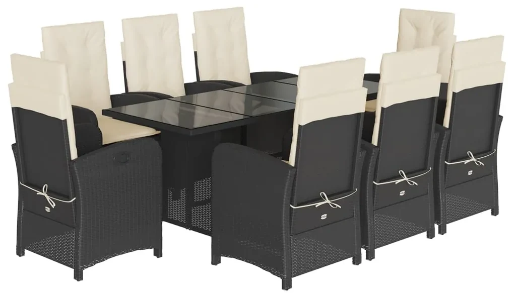 Set da pranzo da giardino 9 pz con cuscini nero in polyrattan