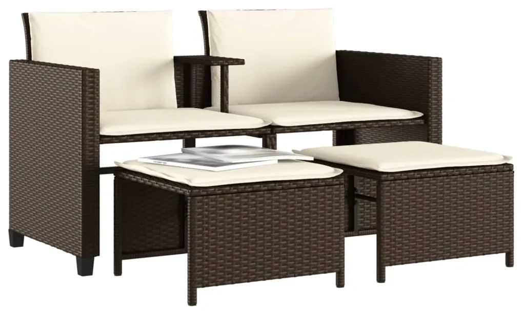 Divano giardino 2posti con tavolo e sgabelli marrone polyrattan
