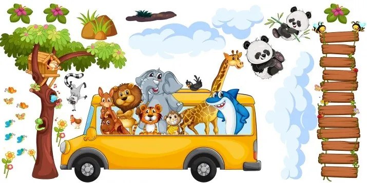 Adesivo murale per bambini animali safari nell'autobus 100 x 200 cm