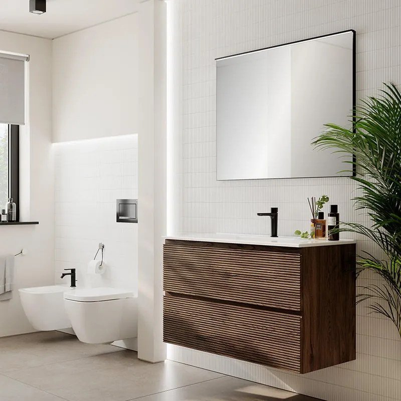 Mobile bagno con lavabo Step L100 x H60 x P46 cm, walnut in mdf cannettato 2 cassetti per vasca centrale
