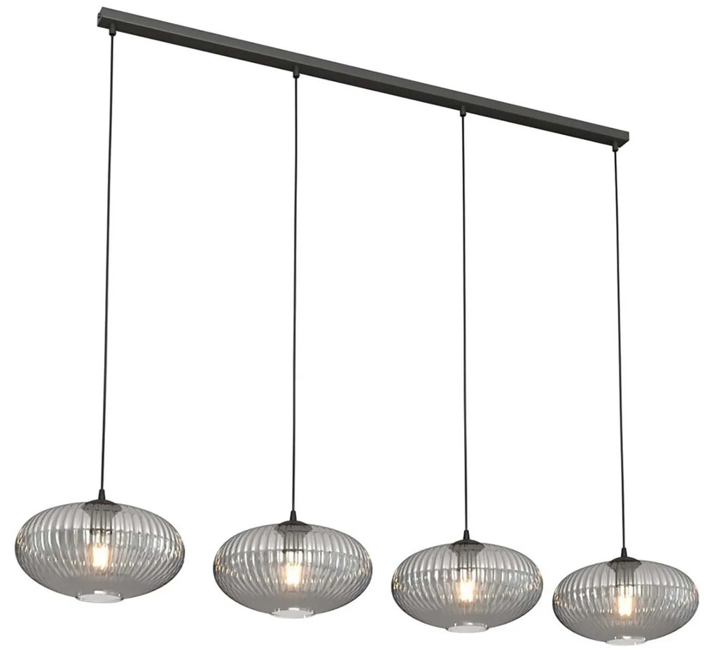 Lampadario 4 Luci Iris In Acciaio Nero Paralume Plissettato Fumè