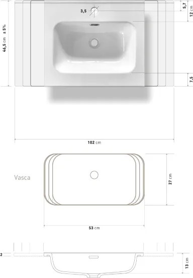 Lavabo in Ceramica STELLA 100x46 cm per Mobile da Bagno Design Moderno