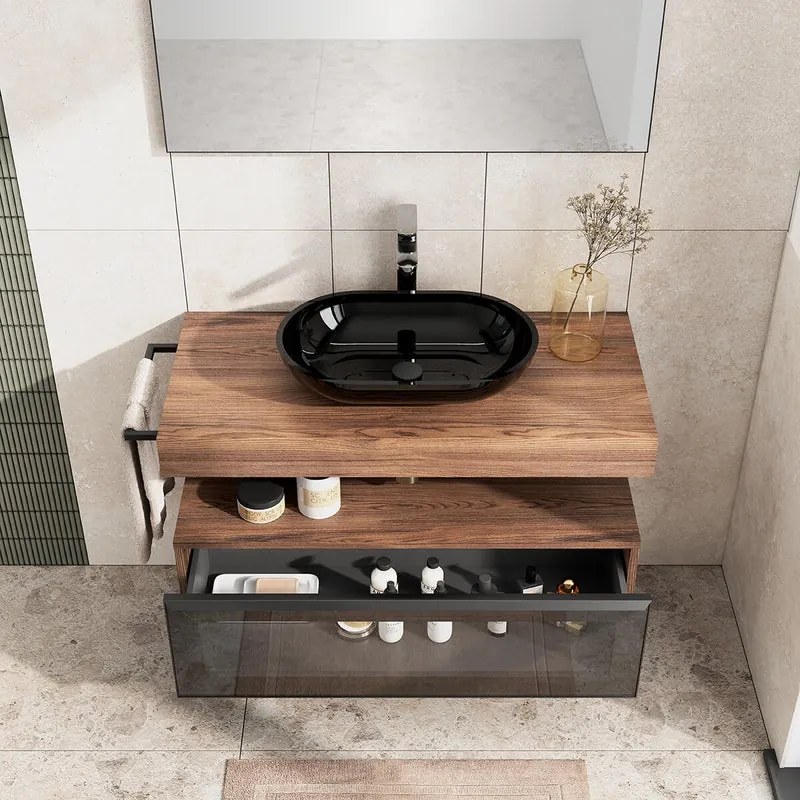 Mobile da bagno sospeso Star con top integrato L 100.3 x H 30 x P 46 cm noce walnut, 1 cassetto